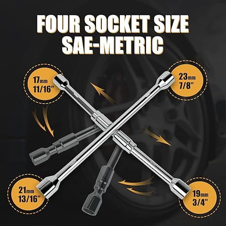 Folding Lug Wrench 4 Way,14-Inch SAE + Metric Tire Cross Wrench Universal and Foldable Wheel Wrench for Car,Trucks