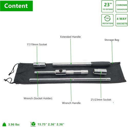 ATLIFIX 23" Heavy Duty Universal Extended Lug Wrench, 4 Way Lug Nut Wrench with 17/19/21/23mm Sockets, Folding Type Tire Iron Remover, Tire Change Kit, Wheel Wrench, Telescopic & Detachable Design