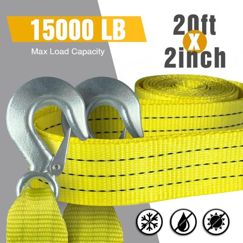 Atli Tow Strap with Hooks 2”x20’15000 LBS Tow Rope Metal Safety Hooks Car Heavy Duty Recovery Rope for Trailers Securing Items and Farm Cleaning