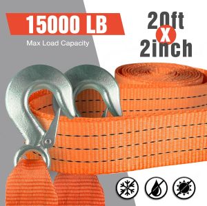 Atli Tow Strap with Hooks 2”x20’15,000 LBS Tow Rope Metal Safety Hooks, Car Heavy Duty Recovery Rope for Trailers, Securing Items, and Farm Cleaning
