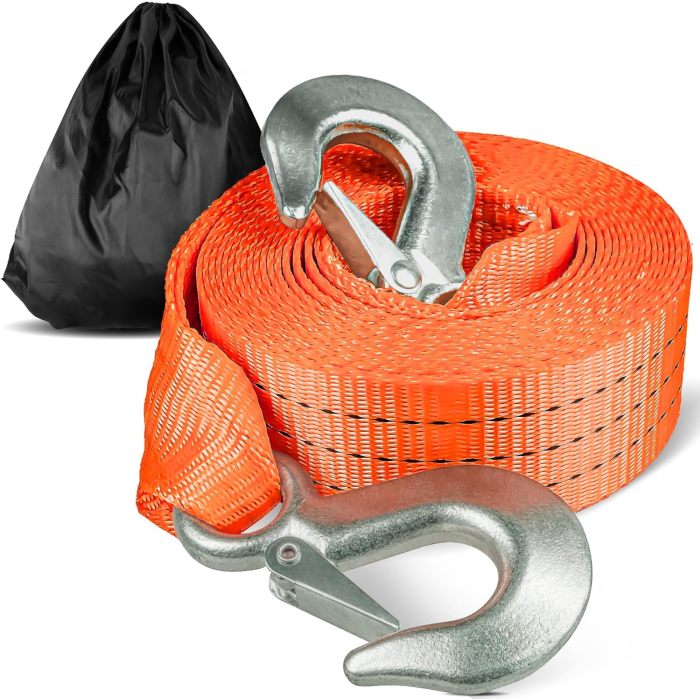 Atli Tow Strap with Hooks 2”x20’15,000 LBS Tow Rope Metal Safety Hooks, Car Heavy Duty Recovery Rope for Trailers, Securing Items, and Farm Cleaning