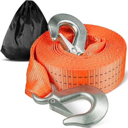 Atli Tow Strap with Hooks 2”x20’ 15,000 LBS, Tow Rope Metal Safety Hooks, Car Heavy Duty Recovery Rope for Trailers, Securing Items, and Farm Cleaning