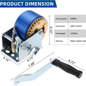 600lbs/272kg Hand Winch Heavy Duty Hand Crank Gear Winch Polyester Strap with Hook for ATV Boat Trailer Marine