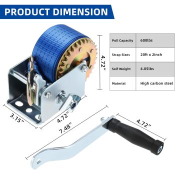600lbs/272kg Hand Winch Heavy Duty Hand Crank Gear Winch Polyester Strap with Hook for ATV Boat Trailer Marine