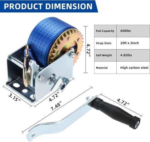 600lbs/272kg Hand Winch Heavy Duty Hand Crank Gear Winch Polyester Strap with Hook for ATV Boat Trailer Marine