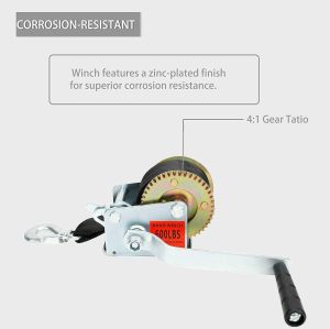600lbs/272kg Hand Winch Heavy Duty Hand Crank Gear Winch Polyester Strap with Hook for ATV Boat Trailer Marine