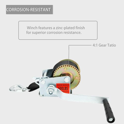 600lbs/272kg Hand Winch Heavy Duty Hand Crank Gear Winch Polyester Strap with Hook for ATV Boat Trailer Marine