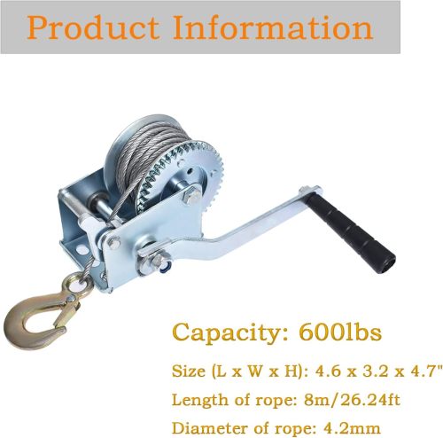 600lbs Capacity Heavy Duty Hand Winch Crank Strap Gear Winch Manual Operated Two-Way Ratchet ATV Boat Trailer Marine