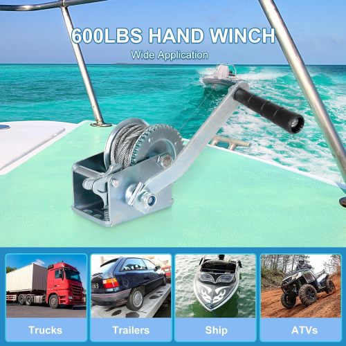 600lbs Capacity Heavy Duty Hand Winch Crank Strap Gear Winch Manual Operated Two-Way Ratchet ATV Boat Trailer Marine