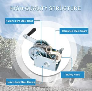 600lbs Capacity Heavy Duty Hand Winch Crank Strap Gear Winch Manual Operated Two-Way Ratchet ATV Boat Trailer Marine