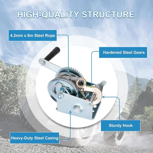 600lbs Capacity Heavy Duty Hand Winch Crank Strap Gear Winch Manual Operated Two-Way Ratchet ATV Boat Trailer Marine