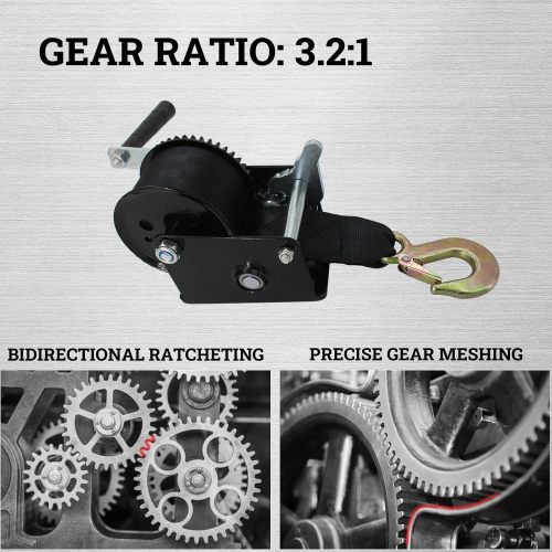 800lbs Capacity Heavy Duty Hand Winch, Crank Strap Gear Winch with 26 feet Steel Cable, Manual Operated Two-Way Ratchet ATV Boat Trailer Marine