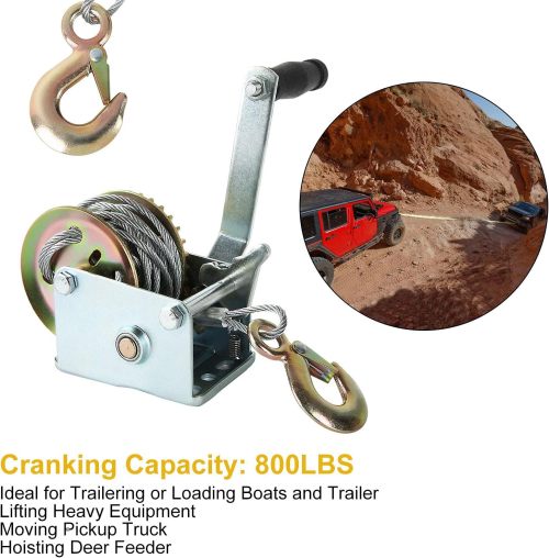 800lbs Capacity Heavy Duty Hand Winch, Crank Strap Gear Boat Winch with 26FT Steel Cable and Hook, Manual Lifting Winches for Boat Trailer ATV or Shop Crane, Small Hoist for Deer Feeder