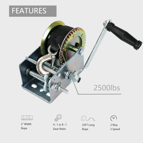 Boat Trailer Winch 2500lbs Hand Winch Heavy Duty Hook with 7m/22ft Black Strap Hand Crank Ratchet Winch and Ratio 4:1/8:1 Gear 2 Speed Switchable 2 Way for Boat Trailer Marine Truck ATV