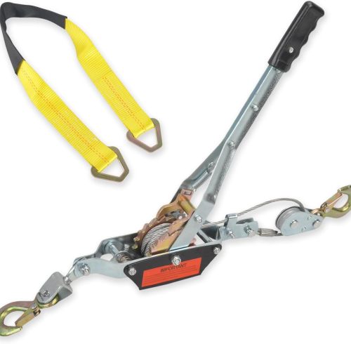 2/4/5 Ton Heavy Duty 2 Hook Steel Cable Dual Gear Power Puller Come Along Chain Winch Ratchet Tool 2” x 36”Tie Down Strap with D Rings(3333 lbs)