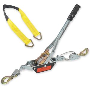 2/4/5 Ton Heavy Duty 2 Hook Steel Cable Dual Gear Power Puller Come Along Chain Winch Ratchet Tool 2” x 36”Tie Down Strap with D Rings(3333 lbs)