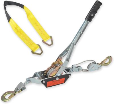 2/4/5 Ton Heavy Duty 2 Hook Steel Cable Dual Gear Power Puller Come Along Chain Winch Ratchet Tool 2” x 36”Tie Down Strap with D Rings(3333 lbs)