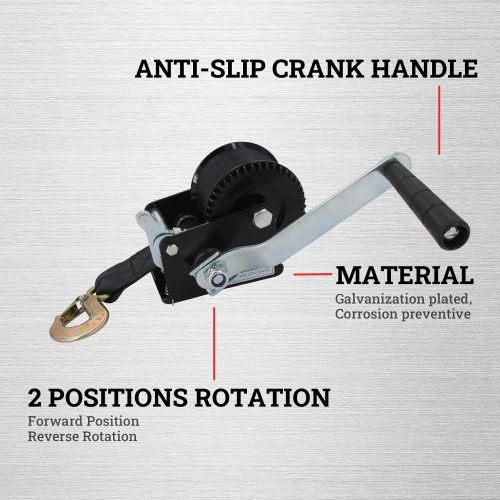 Hand Winch Boat Trailer Winch 800lbs Heavy Duty Hook with 16.4ft Polyester Strap, Two-Way Ratchet Manual Operated Winch for Trailers ATV UTV Boat Marine