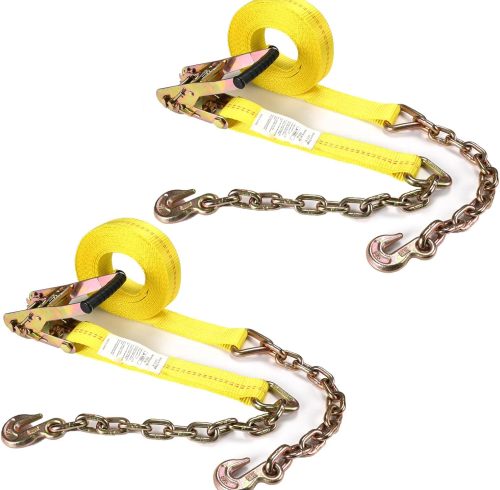 Heavy-Duty Tie Down Ratchet Straps with Chain Ends with Grab Hook, 2"X 27ft, 10,000 lbs Break Strength, Ratchet Strap with Chain Anchors Ideal for Securing Cargo to Flatbed Trailer, 2 Pack