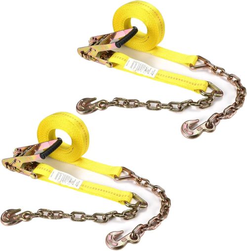 Heavy-Duty Tie Down Ratchet Straps with Chain Ends with Grab Hook, 2"X 27ft, 10,000 lbs Break Strength, Ratchet Strap with Chain Anchors Ideal for Securing Cargo to Flatbed Trailer, 2 Pack