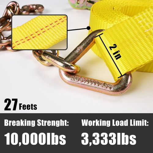 Heavy-Duty Tie Down Ratchet Straps with Chain Ends with Grab Hook, 2"X 27ft, 10,000 lbs Break Strength, Ratchet Strap with Chain Anchors Ideal for Securing Cargo to Flatbed Trailer, 2 Pack