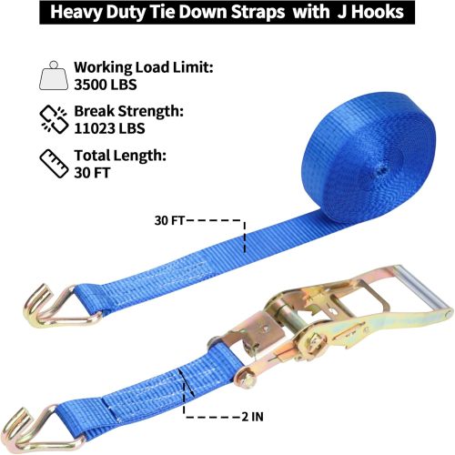 Heavy Duty Ratchet Straps 4 Pack, 2 IN x 30 FT Tie Down Straps Ratchet, 11,023 LBS Break Strength, Cargo Straps Ratcheting with J Hook, Long Tie Downs Ratchet Straps for Truck Trailer RV,Blue