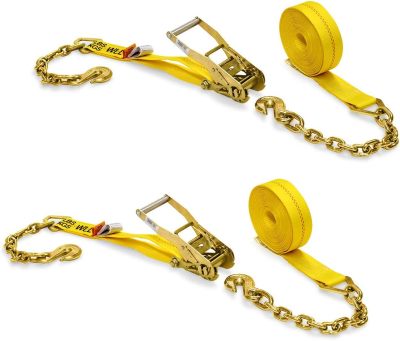 Two 2-in. X 27-Ft. Heavy-Duty Ratchet Straps with Chain Ends and Grab Hooks, 10,000 Lbs. Break Strength Chain TieDowns