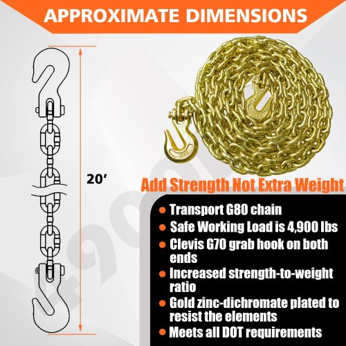 ATLI G80 Transport Binder Chain 5/16 Inch x 20 Foot Safety/Binder Chain with Clevis Grab Hooks 4,900 lbs Safe Working Load Logging Chain for Transporting Towing Tie Down Binding Equipment