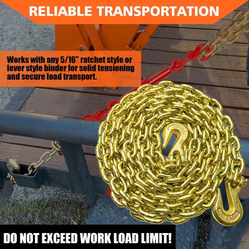 ATLI G80 Transport Binder Chain 5/16 Inch x 20 Foot Safety/Binder Chain with Clevis Grab Hooks 4,900 lbs Safe Working Load Logging Chain for Transporting Towing Tie Down Binding Equipment