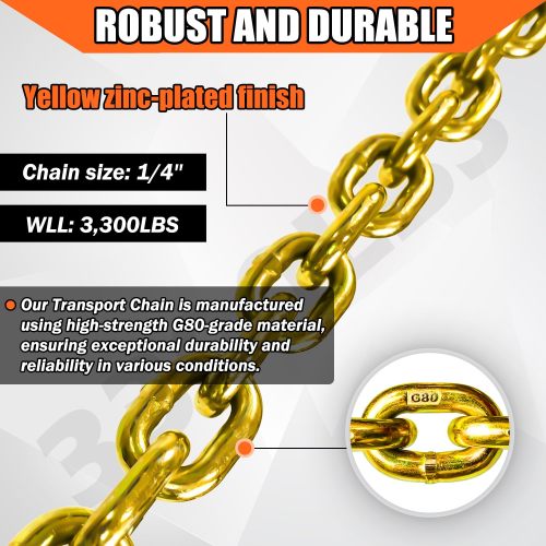 ATLI G80 Transport Binder Chain 1/4 Inch x 20 Foot Safety/Binder Chain with Clevis Grab Hooks 3,300 lbs Safe Working Load Logging Chain for Transporting Towing Tie Down Binding Equipment