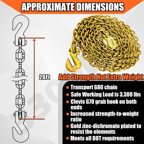 ATLI G80 Transport Binder Chain 1/4 Inch x 20 Foot Safety/Binder Chain with Clevis Grab Hooks 3,300 lbs Safe Working Load Logging Chain for Transporting Towing Tie Down Binding Equipment