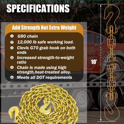 ATLI G80 Transport Binder Chain 1/2 Inch x 10 Foot | Tow Chain with Clevis Grab Hooks | 12,000 lbs Safe Working Load | Heavy Duty Chain for Transporting Towing