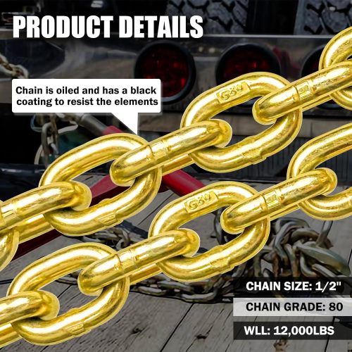 ATLI G80 Transport Binder Chain 1/2 Inch x 10 Foot | Tow Chain with Clevis Grab Hooks | 12,000 lbs Safe Working Load | Heavy Duty Chain for Transporting Towing