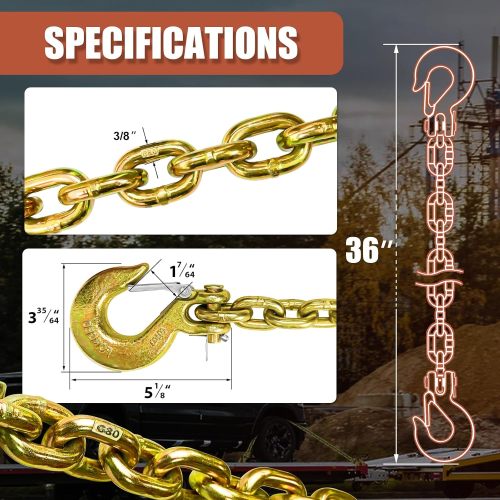 Trailer Safety Chains with Hooks 35In G80 Tow Chain 3/8'' Safety Hook with Safety Latch 27,000 LBS Break Strength 2 Pack (3/8In X 36In)