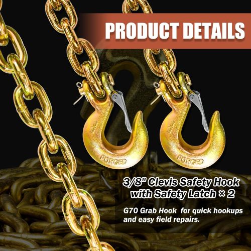 Trailer Safety Chains with Hooks 35In G80 Tow Chain 3/8'' Safety Hook with Safety Latch 27,000 LBS Break Strength 2 Pack (3/8In X 36In)