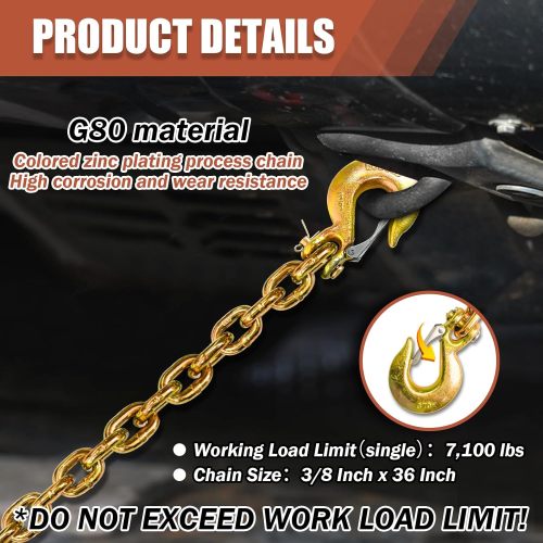 Trailer Safety Chains with Hooks 35In G80 Tow Chain 3/8'' Safety Hook with Safety Latch 27,000 LBS Break Strength 2 Pack (3/8In X 36In)