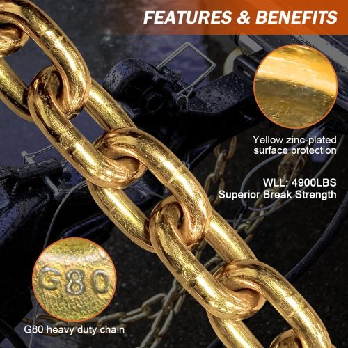 2Pcs 4900 lbs WLL G80 5/16" x 3FT Trailer Safety Chains with Hooks Heavy Duty Trailer Chains with Clevis Self-Locking Hooks, 18,800 lbs Break Strength Towing Chain for Truck Garage Farm Transport