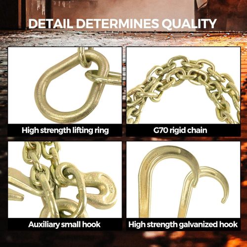 3/8" X 2' V-Type Tow Chain with 15 Inch J-Hooks Link 2 inch Legs,G70 Steel Towing Chain Bridle,Yellow Zinc Plated Tractor Car Wrecker Truck Tie,7800 lbs Safe Working Load