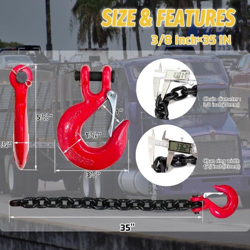 3/8" Trailer Safety Chain-G80 Towing Chain with G70 Clevis Safety Hooks|7100 lbs Safety Working Load|35" Heavy Duty Transport Chain Holder for Towing|Towing Binding Equipment(2 Pack-EP Black)