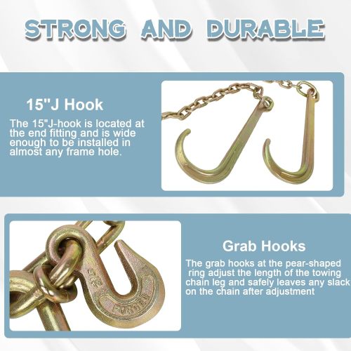 5/16''x2' G70 J Hook Tow Chain V Bridle with Large Shank J Hooks and Grab Hooks,Flatbed Truck Trailer Safety Tow Chain 4700 lbs Working Load Limit