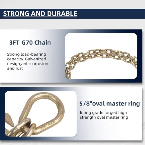 5/16" G70 V-Chain Bridle w/RTJ Cluster Hooks & Grab Hooks, 3' Legs Tow Chain, Grade 70 Standard Length, 4700 Pound Safe Working Load, Transport Tie Down Binder Chain Yellow Zinc Plated