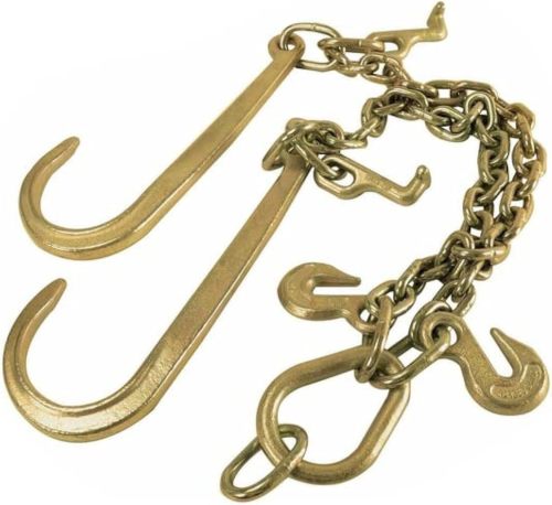 3/8" X 2' V-Type Tow Chain with 15 Inch J-Hooks Link 2 inch Legs,G70 Steel Towing Chain Bridle,Yellow Zinc Plated Tractor Car Wrecker Truck Tie，7800 lbs Safe Working Load