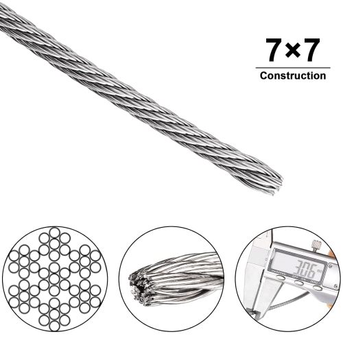 1/8" (3MM) Wire Rope, 30M Stainless Steel Cable, 7x7 Strand Core Metal Wire Cable with 18Pcs Aluminum Crimping Sleeves and 10Pcs Thimbles for Deck Railing Stair Handrail Balusters Clothesline