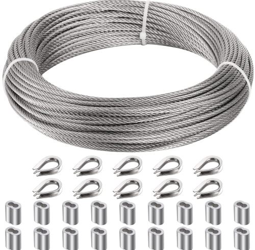 1/8" (3MM) Wire Rope, 30M Stainless Steel Cable, 7x7 Strand Core Metal Wire Cable with 18Pcs Aluminum Crimping Sleeves and 10Pcs Thimbles for Deck Railing Stair Handrail Balusters Clothesline