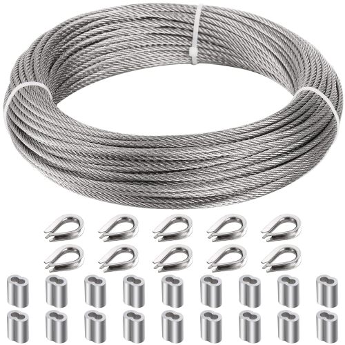 1/8" (3MM) Wire Rope, 30M Stainless Steel Cable, 7x7 Strand Core Metal Wire Cable with 18Pcs Aluminum Crimping Sleeves and 10Pcs Thimbles for Deck Railing Stair Handrail Balusters Clothesline