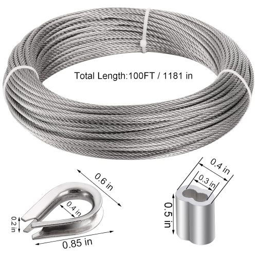 1/8" (3MM) Wire Rope, 30M Stainless Steel Cable, 7x7 Strand Core Metal Wire Cable with 18Pcs Aluminum Crimping Sleeves and 10Pcs Thimbles for Deck Railing Stair Handrail Balusters Clothesline