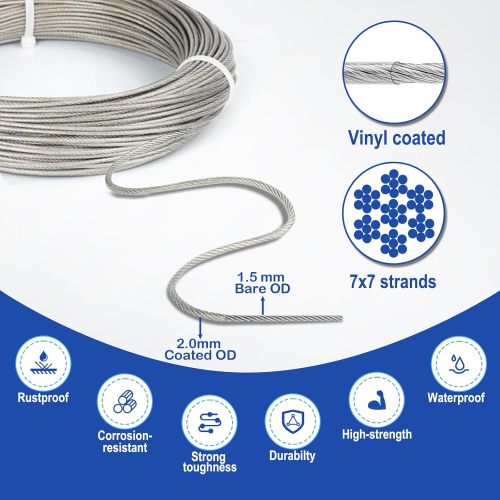 Garden Wire 30M/2mm Stainless Steel Wire Rope Kit, M5 Turnbuckle Wire Tensioner Kit, 2mm PVC Coated Metal Wire Cable, Vine Eyes for Climbing Plants, Fence Wire Roll Kit, Strings Light Hanging