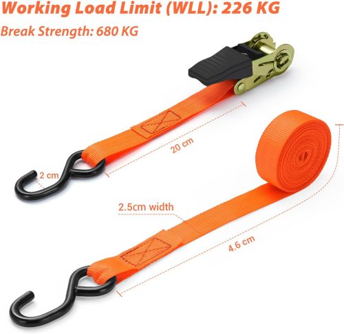 Ratchet Tie Down Strap 4 Pack, 4.6m 680kg Break Strength Securing Straps Logistic Cargo Straps with Hooks, Rubber Coated Metal Handles for Appliances, Moving Cargo, Motorcycle, Orange