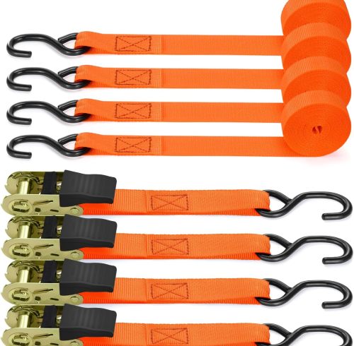 Ratchet Tie Down Strap 4 Pack, 4.6m 680kg Break Strength Securing Straps Logistic Cargo Straps with Hooks, Rubber Coated Metal Handles for Appliances, Moving Cargo, Motorcycle, Orange