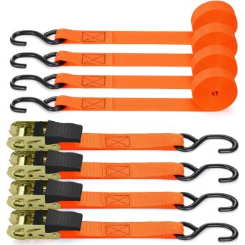 Ratchet Tie Down Strap 4 Pack, 4.6m 680kg Break Strength Securing Straps Logistic Cargo Straps with Hooks, Rubber Coated Metal Handles for Appliances, Moving Cargo, Motorcycle, Orange